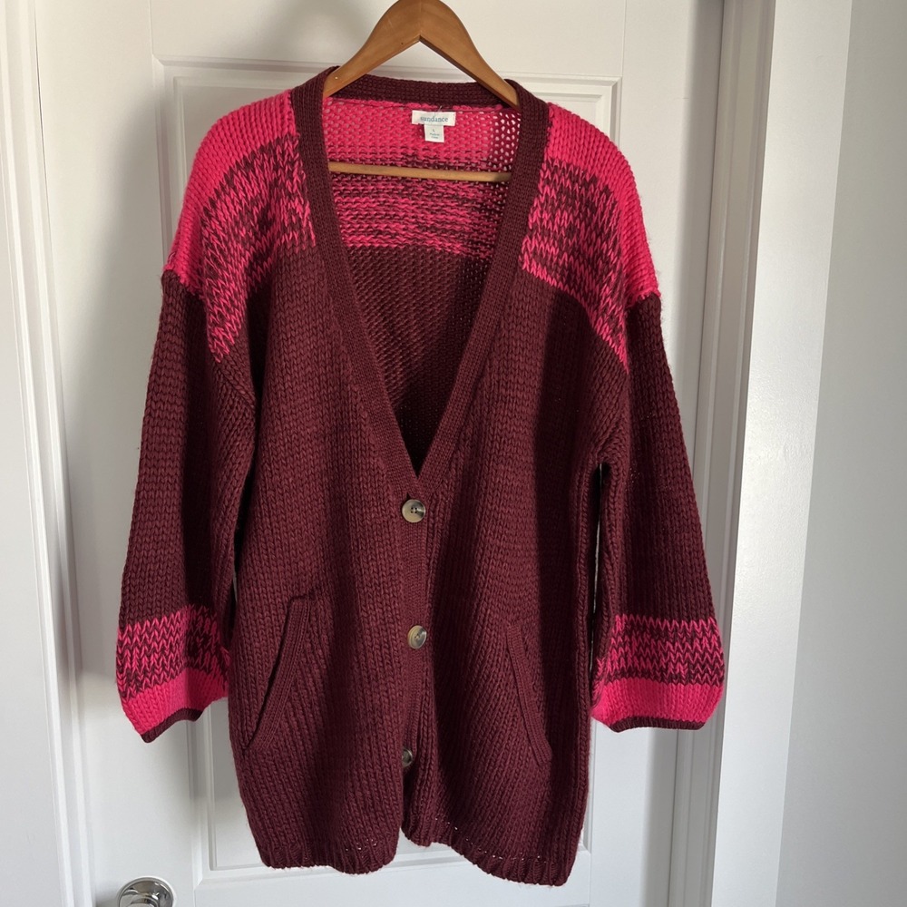 Sundance Chunky Knit Cardigan Sweater Burgundy Wool Blend Oversized L Preppy - Picture 5 of 16